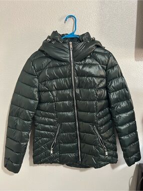 Guess Dark Green Quilted Puffer Jacket with Hood